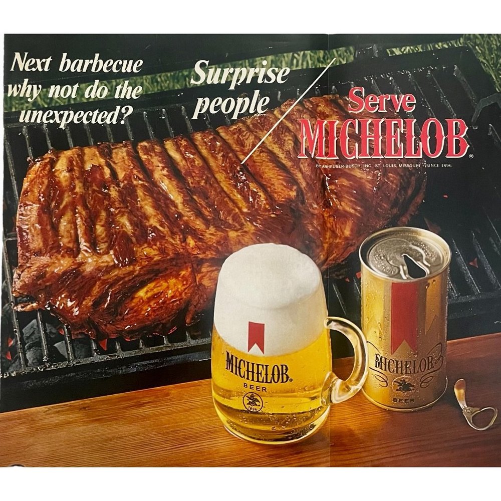1971 Michelob Beer Can Mug Vintage Print Ad BBQ Barbecue Ribs Wall Art 15x13